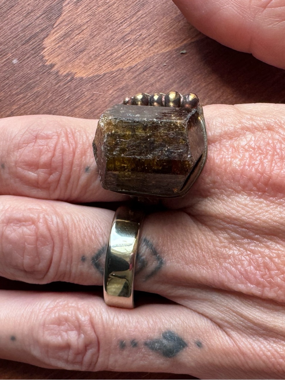 JadeStoneJewelry Dravite Tourmaline Chunky Brass Statement Ring Size 8.5